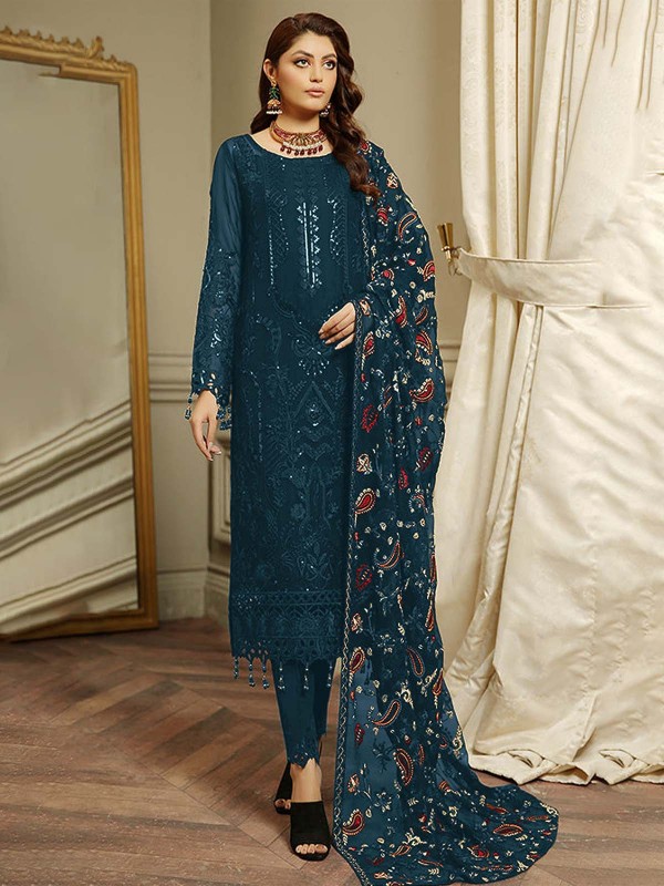 Teal Blue Faux Georgette Pakistani Style Suit